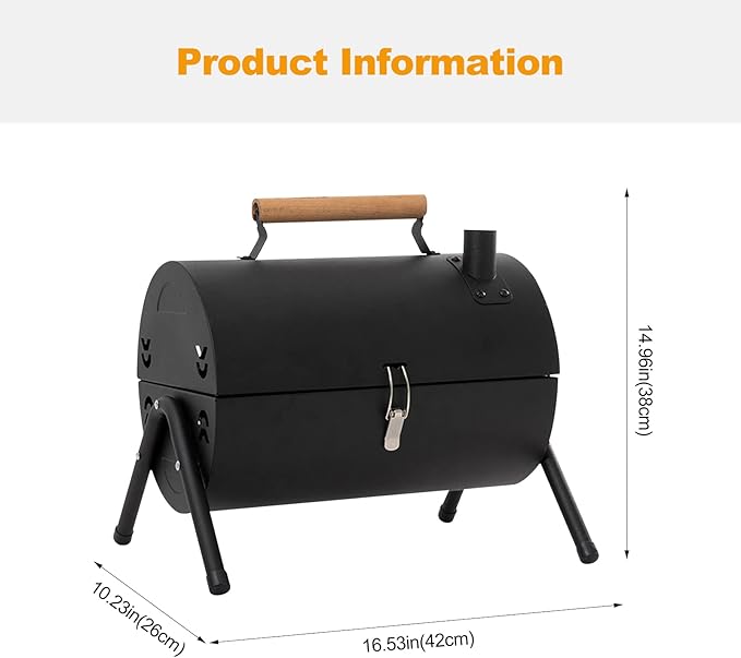 Black portable grill with wooden handle and dimensions on a white background