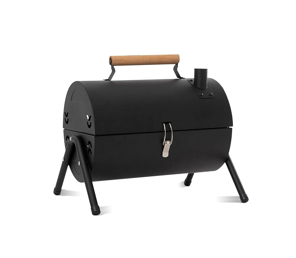 Black barrel-style grill with a wooden handle on a white background