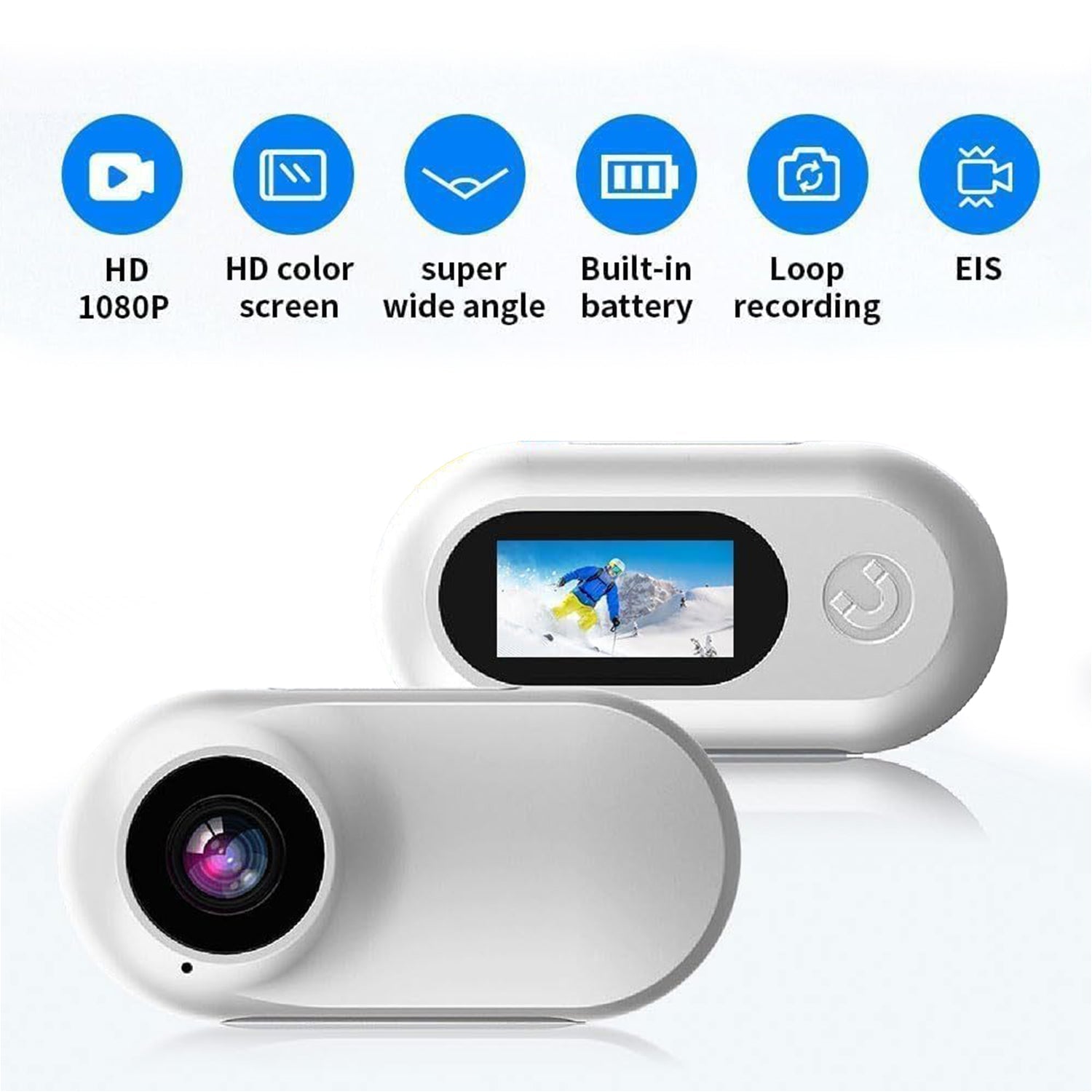 Camera with features listed on a white background