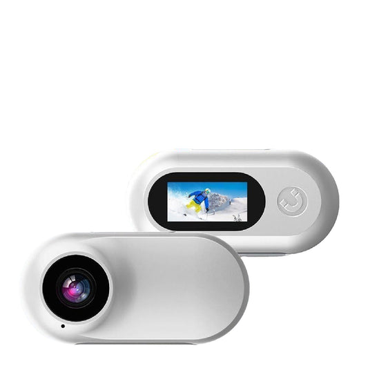 White electronic device with a screen displaying an image of a person on a snowy landscape.