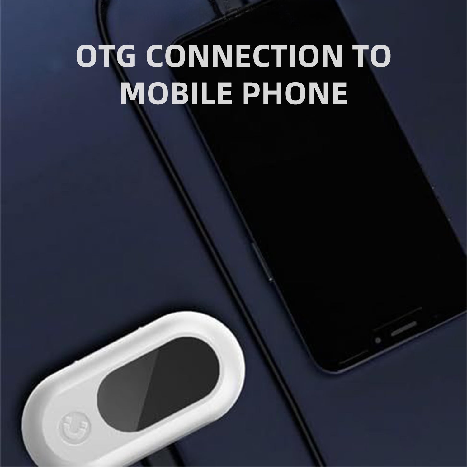 White OTG adapter connected to a smartphone on a dark blue background with text 'OTG CONNECTION TO MOBILE PHONE'.