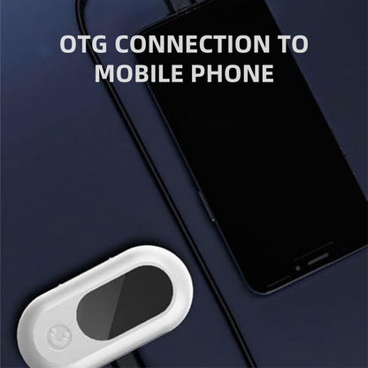 White OTG adapter connected to a smartphone on a dark blue background with text 'OTG CONNECTION TO MOBILE PHONE'.