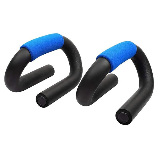 Two black and blue exercise handles on a white background