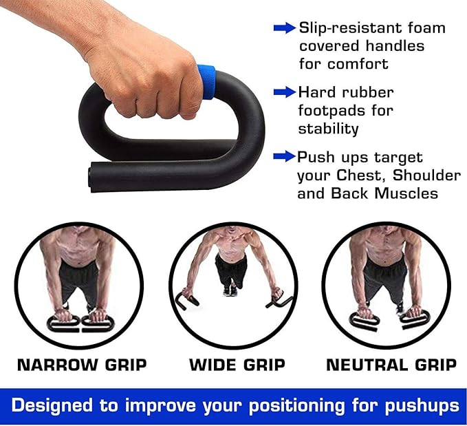 Exercise handle with text describing features and benefits, including grip types and muscle targets.