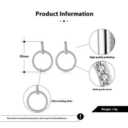 Product information diagram of silver earrings with zirconia stones, highlighting features like material, size, and quality.