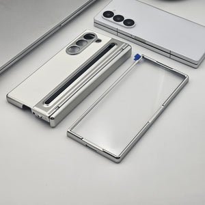 Smartphone with a transparent case and stylus on a light gray background