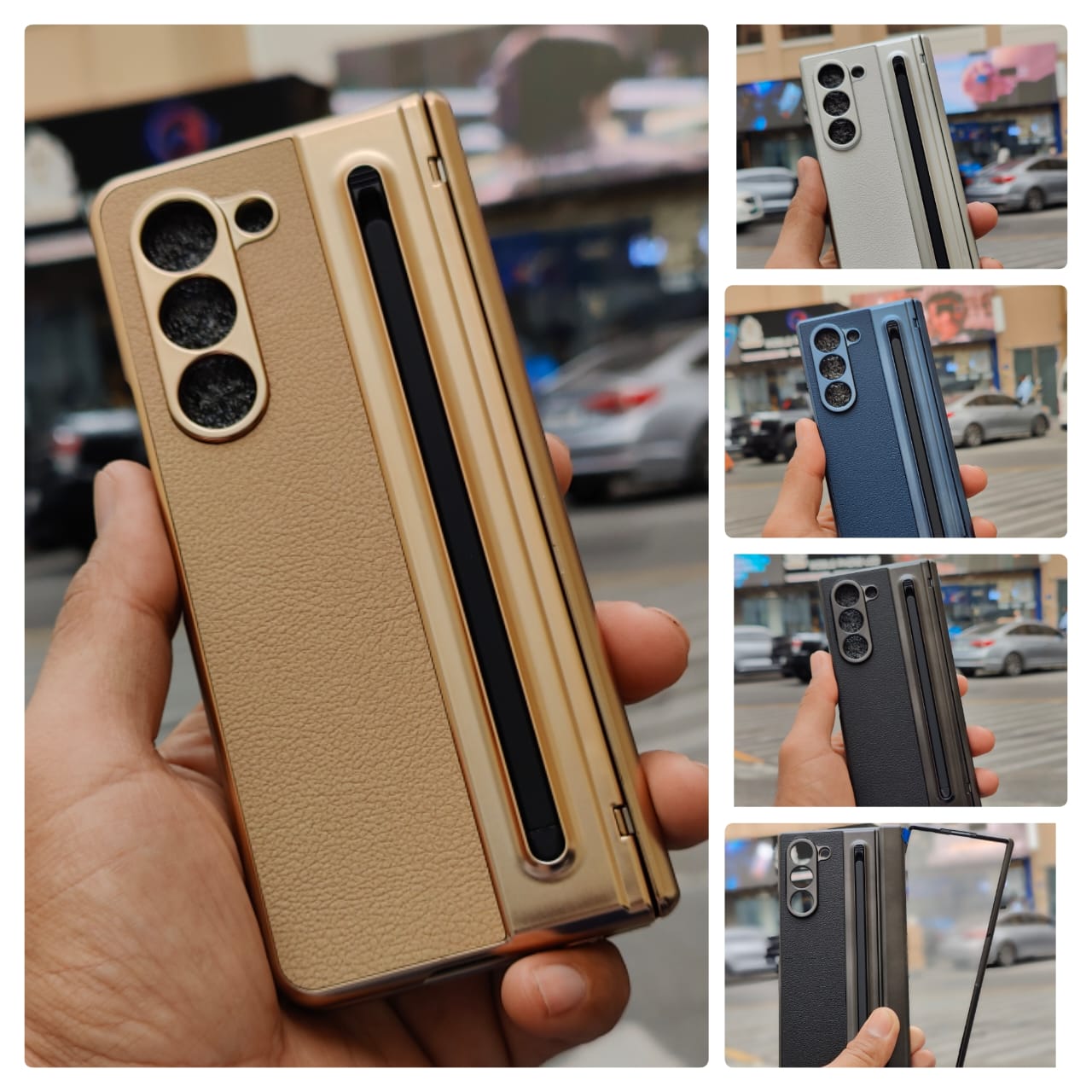 Collage of a phone case held by a hand with different color options.