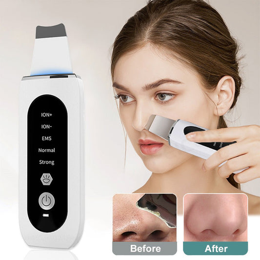 Skincare device with a woman using it on her face, showing before and after effects.