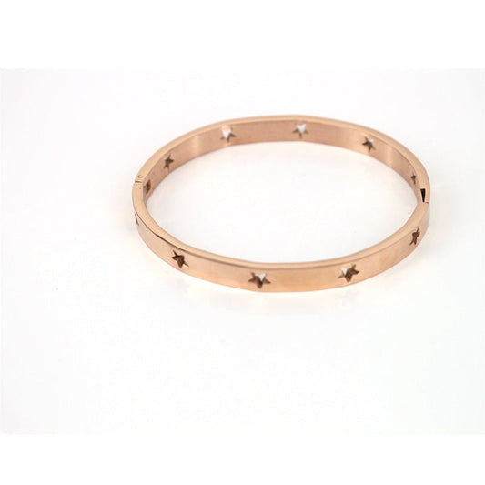 Rose gold bracelet with star designs on a white background