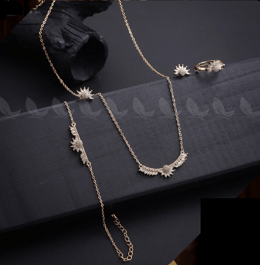 Jewelry set including a necklace, earrings, and ring on a dark surface