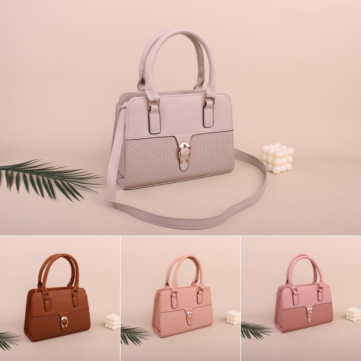 Collage of a gray handbag with different color options on a beige background.
