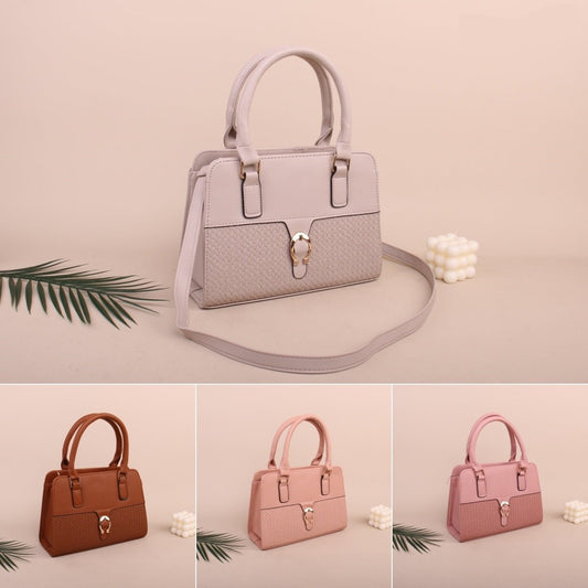 Collage of a gray handbag with different color options on a beige background.