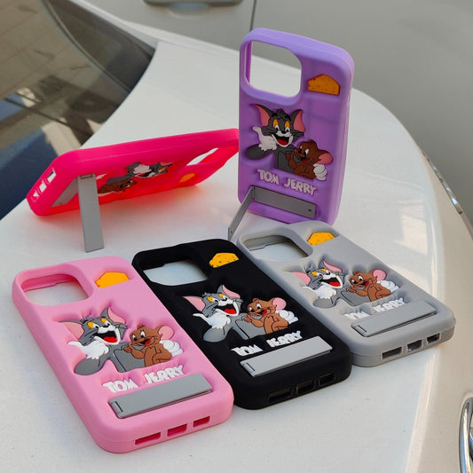 Four phone cases with Tom and Jerry design on a white surface