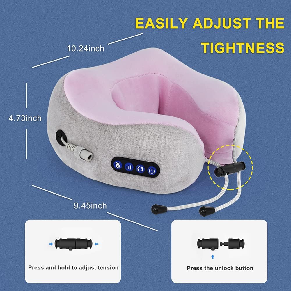 Neck pillow with adjustable tension mechanism on a blue background