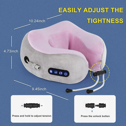 Neck pillow with adjustable tension mechanism on a blue background