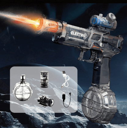 Toy gun with flame effect and accessories on a dark space-themed background