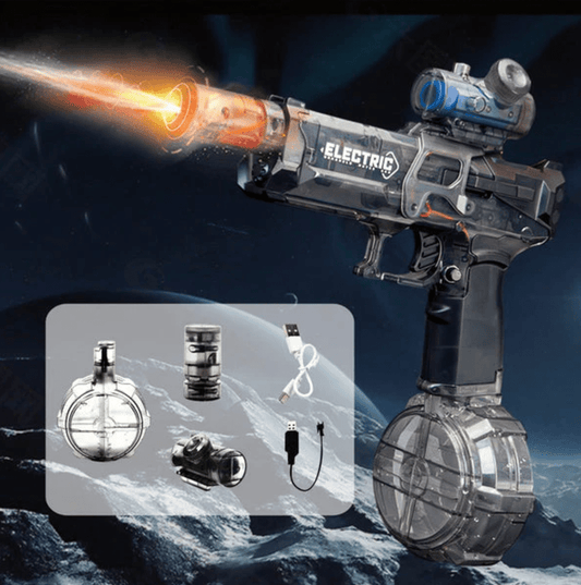 Toy gun with flame effect and accessories on a dark space-themed background