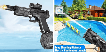 Electric water gun with long shooting distance feature on a pool background