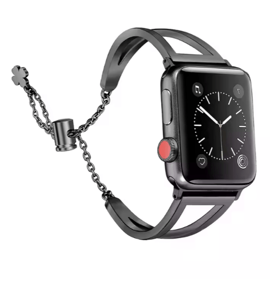 Smartwatch with a unique black metal band on a white background