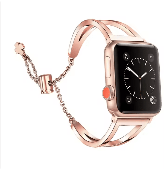 Smartwatch with a rose gold band on a white background
