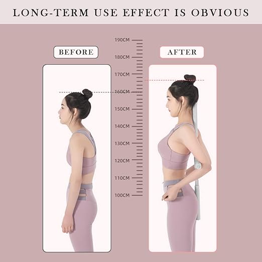 Before and after comparison of a person's posture with a measurement scale on a pink background.