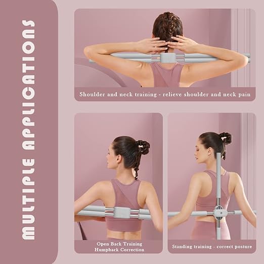 Product demonstration of a back trainer with text on multiple applications on a pink background