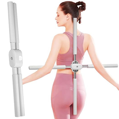 Woman using a white exercise bar on a white background