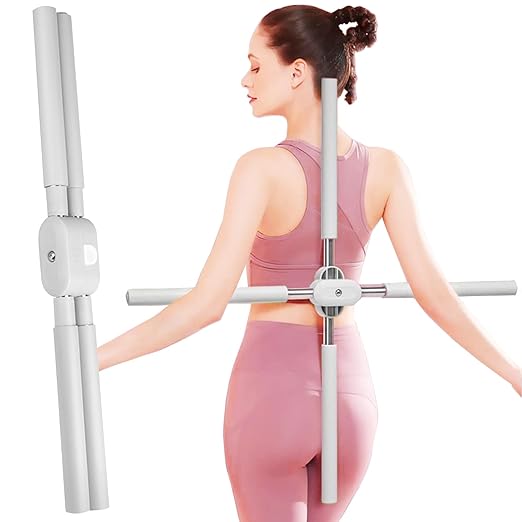 Woman using a white exercise bar on a white background